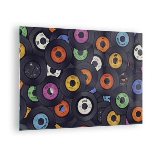 Glasbild - Bild auf glas - Bunte Vinyl-Schallplatten auf schwarzem Hintergrund - 70x50cm - Farben der Klassiker - Moderne Wanddekoration für Wohnzimmer und Schlafzimmer ARTTOR