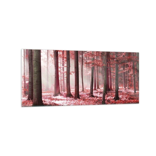Glasbild - Bild auf glas - Ein atemberaubender Wald in roten Farbtönen mit Lichtstrahlen, die durch die Bäume dringen - 120x50cm - Rot ist genauso schön - Moderne Wanddekoration für Wohnzimmer und Schlafzimmer ARTTOR
