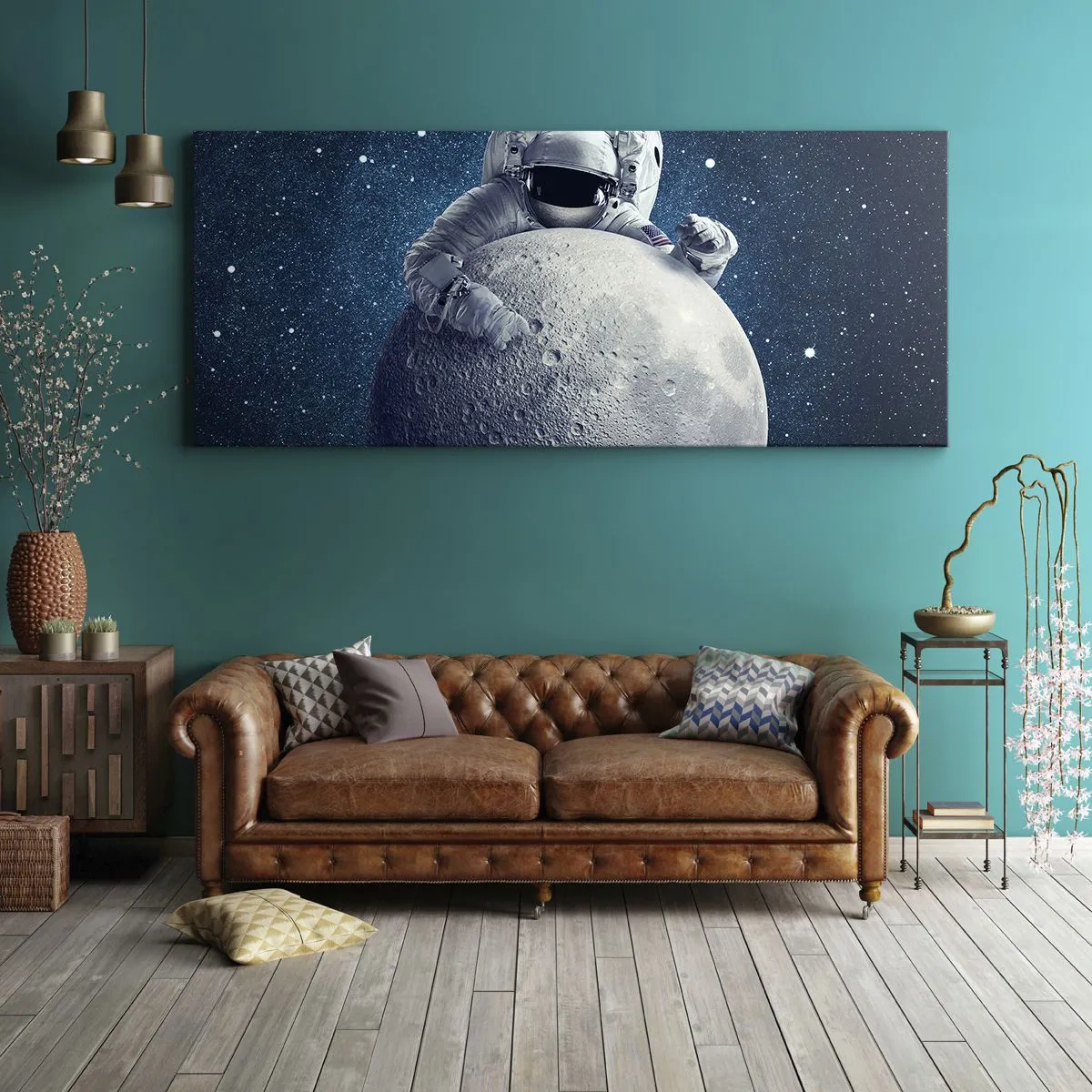 Bild auf Leinwand - Leinwandbild - Astronaut hält den Mond vor einem Sternenhimmel - 160x50cm - Weltraumjoker - Moderne Wanddekoration für Wohnzimmer und Schlafzimmer ARTTOR