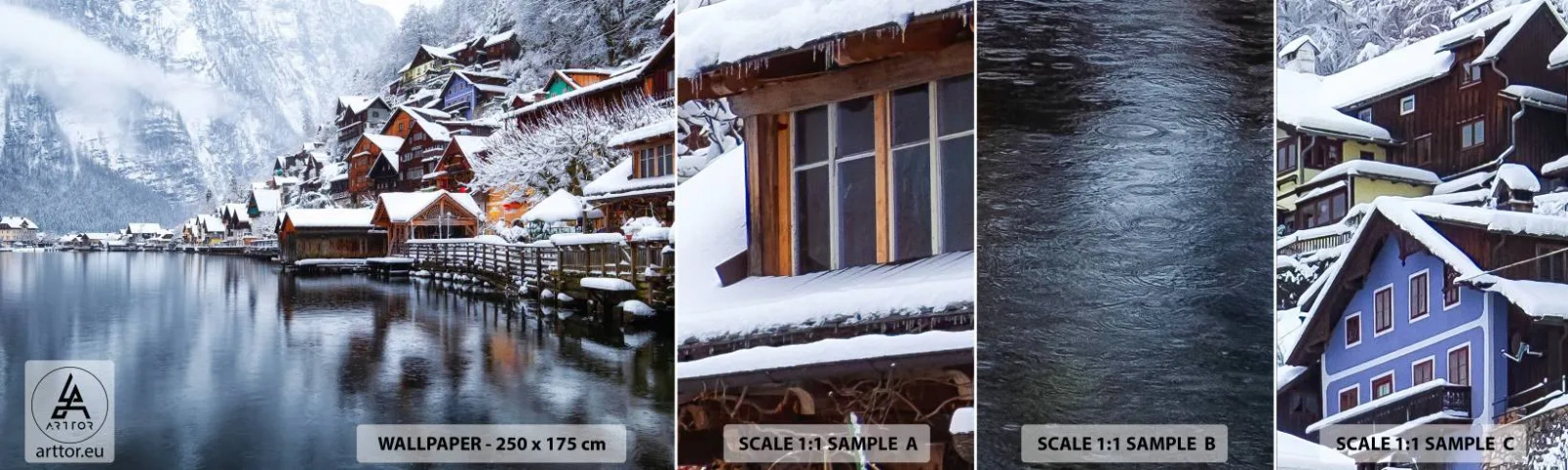 Fototapetenmuster Standard Eco - In winterlicher Dekoration - Landschaft, Bergsiedlung, Winter - 100x30 cm