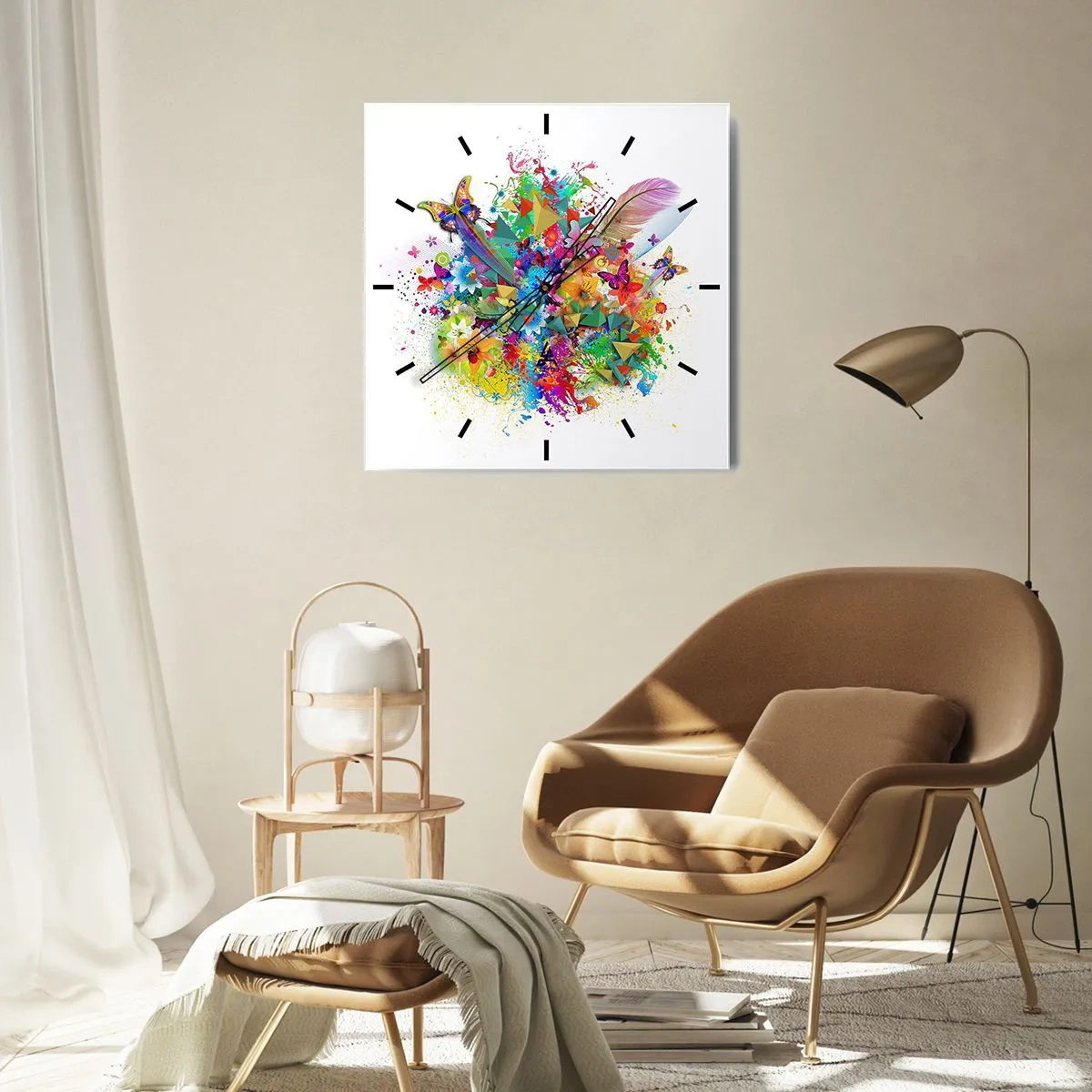 Wanduhr - Glasuhr - Farbenfrohes Motiv mit Blumen und Schmetterlingen - 30x30cm - Ein Strauß Freude - Moderne Wanddekoration für Wohnzimmer und Schlafzimmer ARTTOR