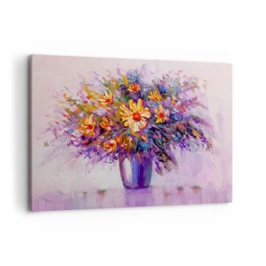 Bild auf Leinwand - Leinwandbild - Ein Blumenstrauß in einer Vase auf pastellfarbenem Hintergrund - 100x70cm - Es riecht süß, sieht süß aus - Moderne Wanddekoration für Wohnzimmer und Schlafzimmer ARTTOR