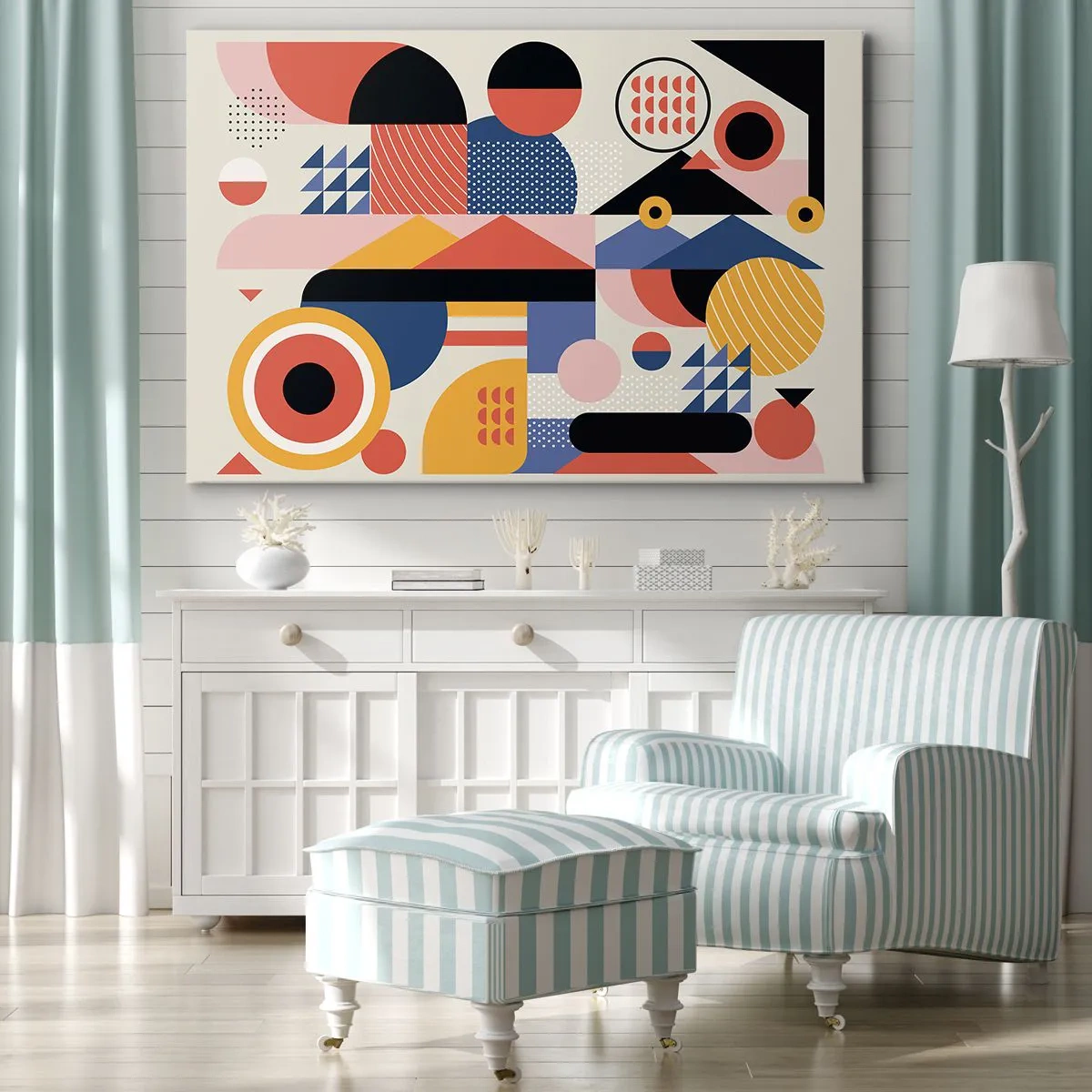 Bild auf Leinwand - Leinwandbild - Bunte geometrische Formen im Retro-Stil - 120x80cm - Komposition: Na, los, spiel! - Moderne Wanddekoration für Wohnzimmer und Schlafzimmer ARTTOR