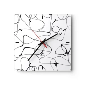 Wanduhr - Glasuhr - Abstrakte schwarze Linien auf weißem Hintergrund im minimalistischen Stil - 30x30cm - Lebenswege, Wechselfälle - Moderne Wanddekoration für Wohnzimmer und Schlafzimmer ARTTOR
