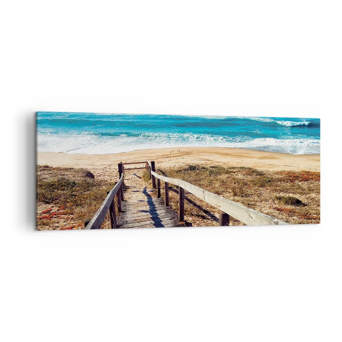 Bild auf Leinwand - Leinwandbild - Holzweg zum Strand - 140x50cm - Lauf! - Moderne Wanddekoration für Wohnzimmer und Schlafzimmer ARTTOR