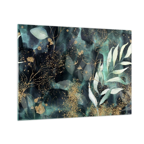 Glasbild - Bild auf glas - Gold- und Grünblätter auf dunklem Hintergrund - 70x50cm - Zaubergarten - Moderne Wanddekoration für Wohnzimmer und Schlafzimmer ARTTOR