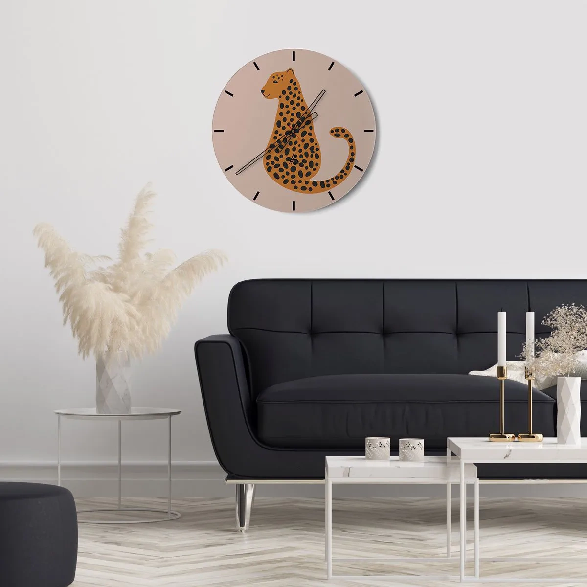 Wanduhr - Glasuhr - Stilisierter Panther auf beigem Hintergrund - 30x30cm - Leopardenmuster ist ein modisches Muster - Moderne Wanddekoration für Wohnzimmer, Küche und Schlafzimmer ARTTOR