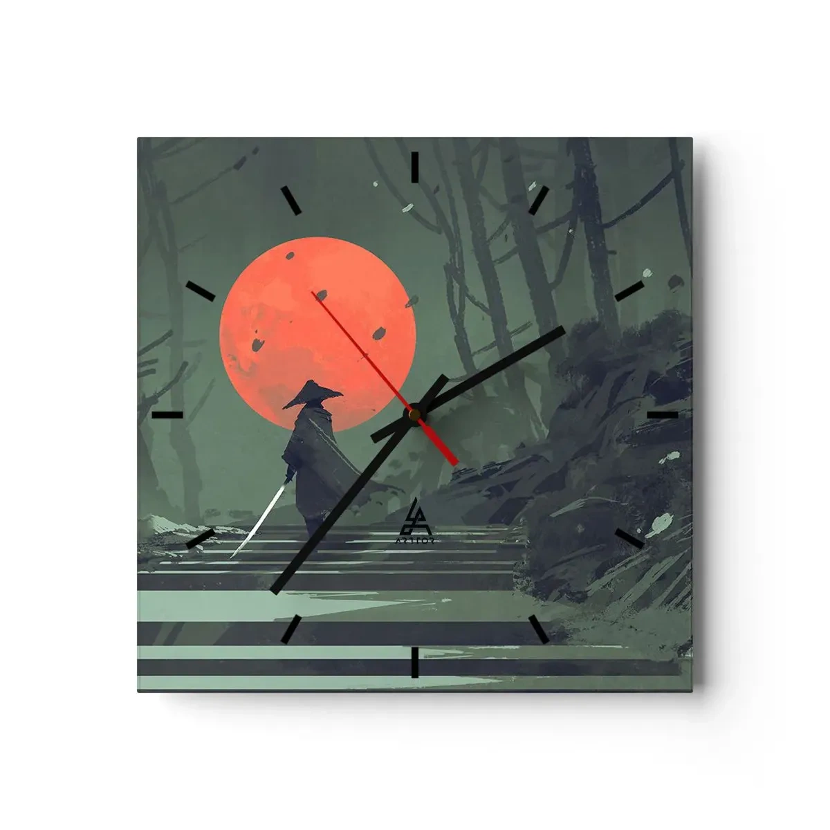 Wanduhr - Glasuhr - Ein einsamer Krieger mit einem Schwert vor dem Hintergrund eines roten Mondes in einem dunklen Wald. - 30x30cm - Krieger des Roten Mondes - Moderne Wanddekoration für Wohnzimmer und Schlafzimmer ARTTOR