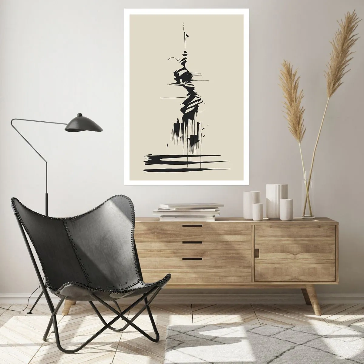 Poster - Eine abstrakte Zeichnung einer Figur vor einem wellenförmigen Linienhintergrund. - 50x70cm - Hastige Abstraktion - Moderne Wanddekoration für Wohnzimmer und Schlafzimmer ARTTOR