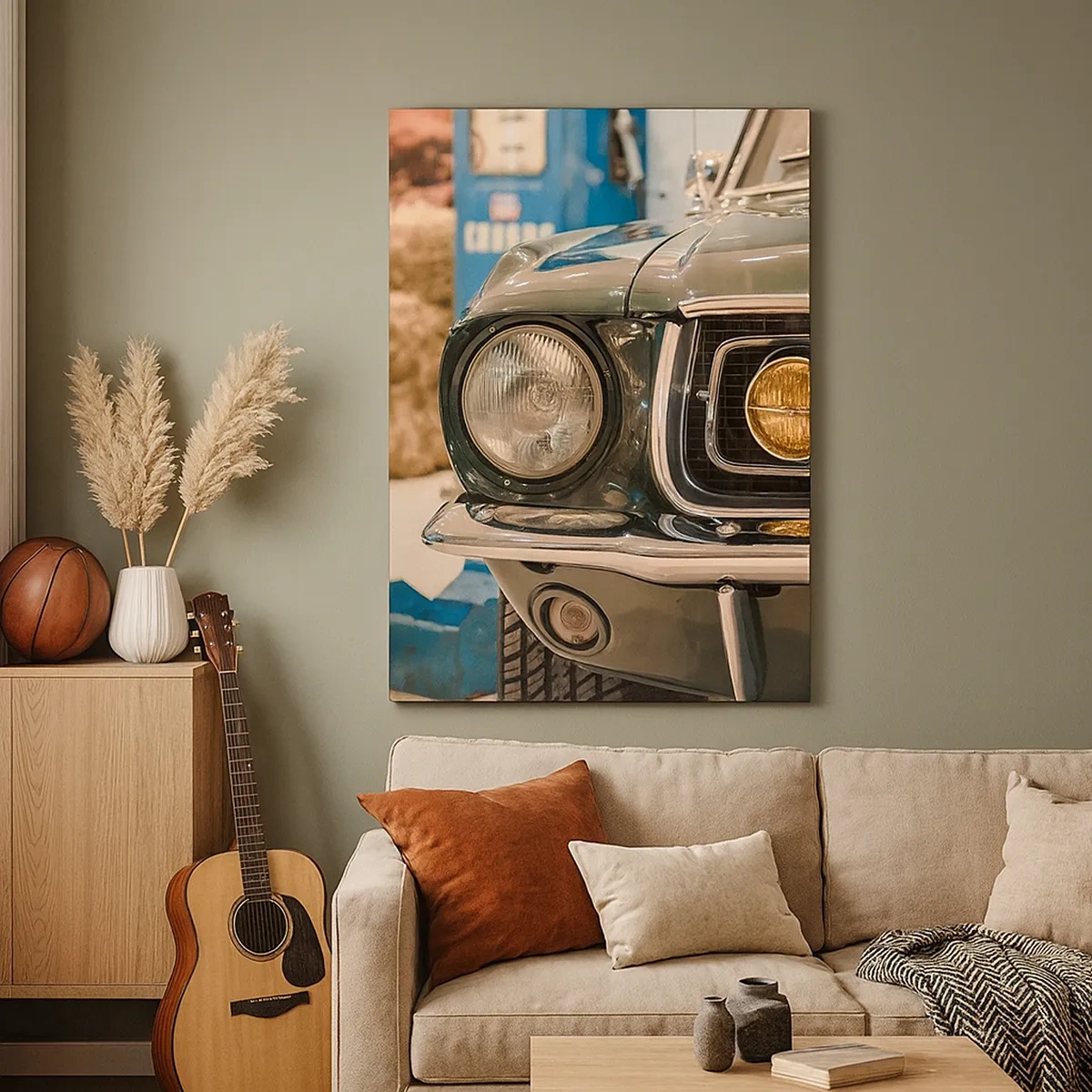 Bild auf Leinwand - Leinwandbild - Ein kultiges Retro-Auto in klassischer Umgebung - 50x70cm - Treffen mit einer Legende - Moderne Wanddekoration für Wohnzimmer und Schlafzimmer ARTTOR