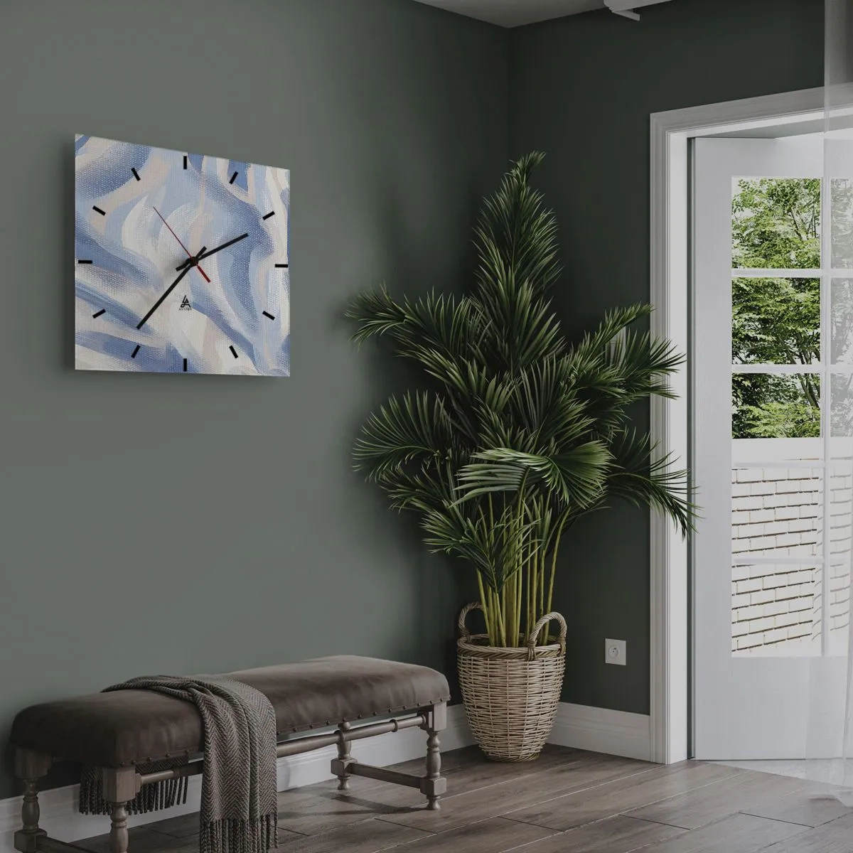 Wanduhr - Glasuhr - Abstrakte Pinselstriche in Blau- und Beigetönen - 30x30cm - Blaue Wellen - Moderne Wanddekoration für Wohnzimmer und Schlafzimmer ARTTOR