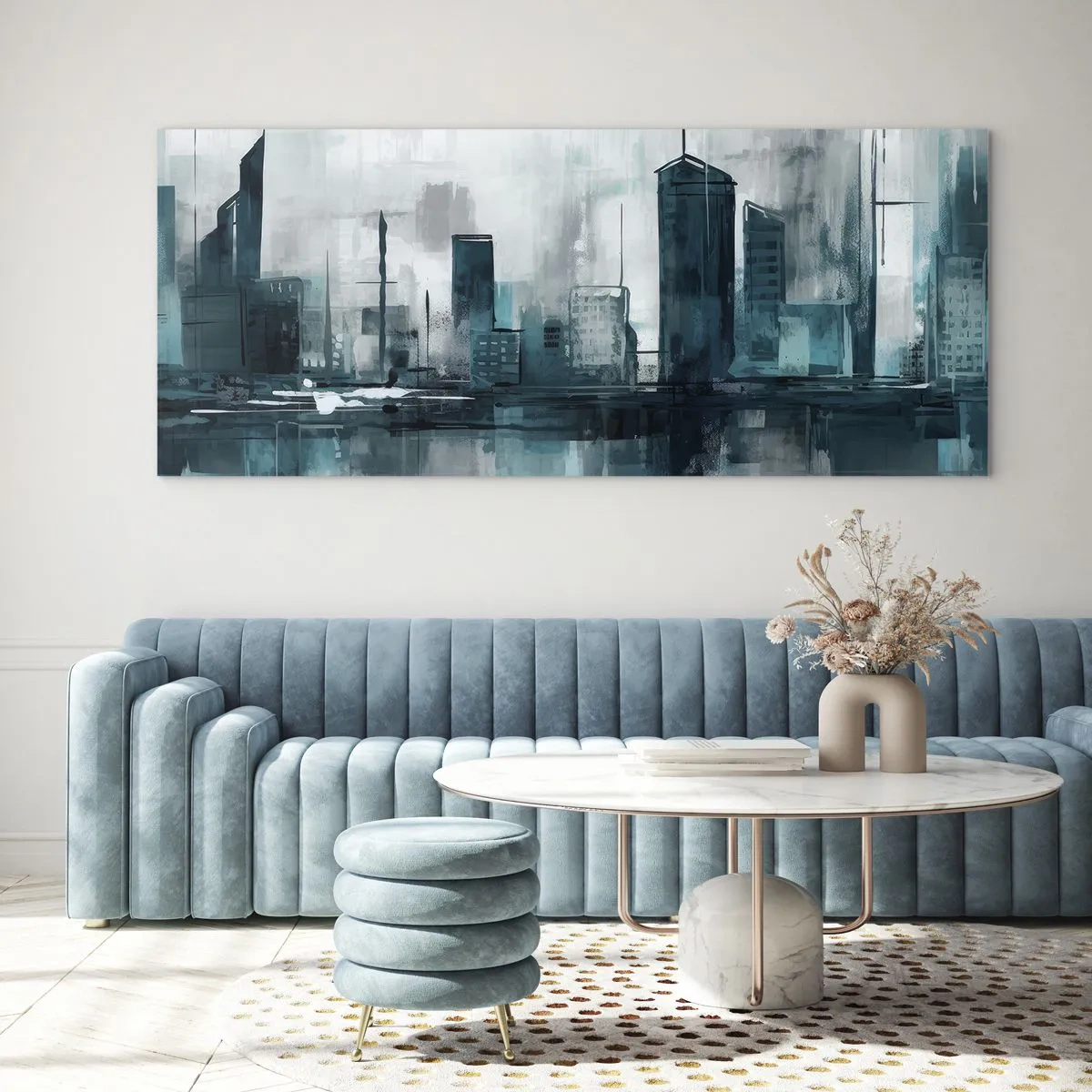 Glasbild - Bild auf glas - Eine moderne Stadt in Türkis- und Grautönen - 160x50cm - Eine Stadt in der Farbe des Regens - Moderne Wanddekoration für Wohnzimmer und Schlafzimmer ARTTOR