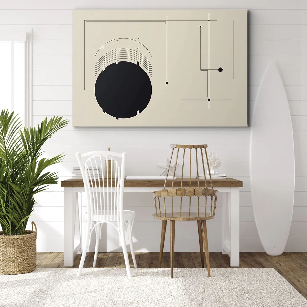 Bild auf Leinwand - Leinwandbild - Schwarze geometrische Linien und ein Kreis auf beigem Hintergrund - 120x80cm - Flexible und dynamische Komposition - Moderne Wanddekoration für Wohnzimmer und Schlafzimmer ARTTOR