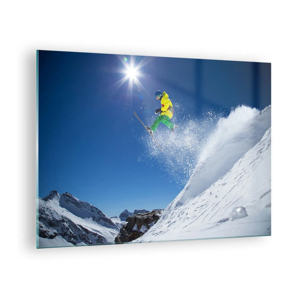 Glasbild - Bild auf glas - Ein Skifahrer in Aktion vor der Kulisse schneebedeckter Berge - 70x50cm - Tanzen mit den Bergen - Moderne Wanddekoration für Wohnzimmer und Schlafzimmer ARTTOR