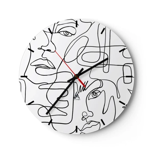 Wanduhr - Glasuhr - Minimalistische Strichzeichnungen von Gesichtern auf weißem Hintergrund - 30x30cm - In verworrenen Gefühlen - Moderne Wanddekoration für Wohnzimmer, Küche und Schlafzimmer ARTTOR