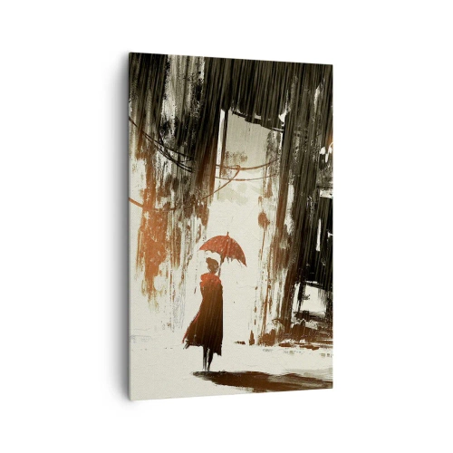 Bild auf Leinwand - Leinwandbild - Eine rote Figur mit einem Regenschirm in einer regnerischen Szene - 80x120cm - Die Poesie des roten Regenschirms - Moderne Wanddekoration für Wohnzimmer und Schlafzimmer ARTTOR