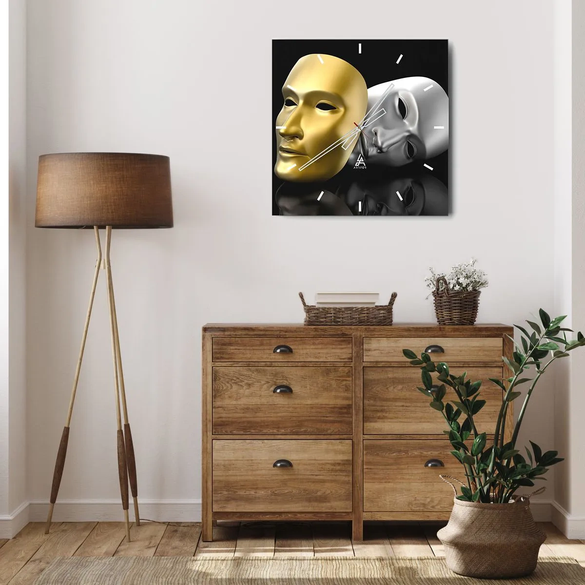 Wanduhr - Glasuhr - Gold- und Silbermaske auf schwarzem Hintergrund - 30x30cm - Das Leben ist wie ein Theater - Moderne Wanddekoration für Wohnzimmer und Schlafzimmer ARTTOR