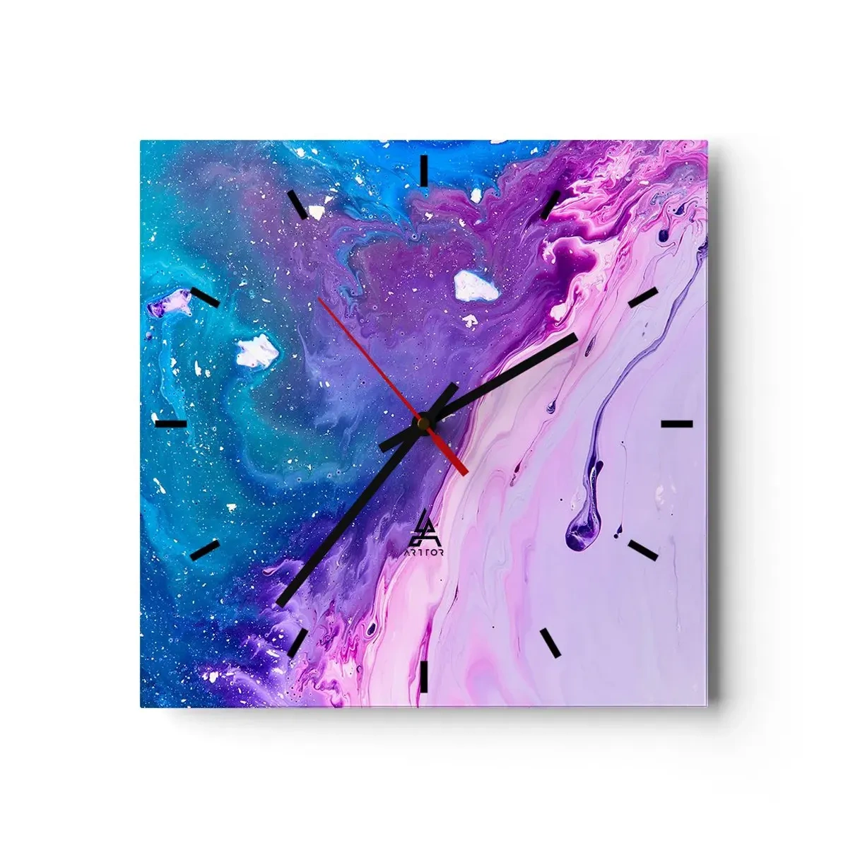 Wanduhr - Glasuhr - Abstraktion in Lila- und Türkistönen, inspiriert von Kontrasten - 30x30cm - Yin und Yang - Moderne Wanddekoration für Wohnzimmer und Schlafzimmer ARTTOR