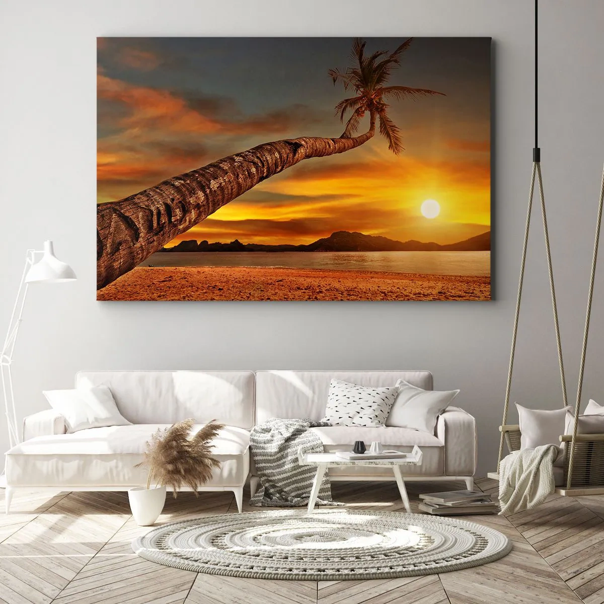 Bild auf Leinwand - Leinwandbild - Palme am Strand bei Sonnenuntergang mit Blick auf das Meer - 120x80cm - Exotischer Urlaub, karibisches Abenteuer - Moderne Wanddekoration für Wohnzimmer und Schlafzimmer ARTTOR