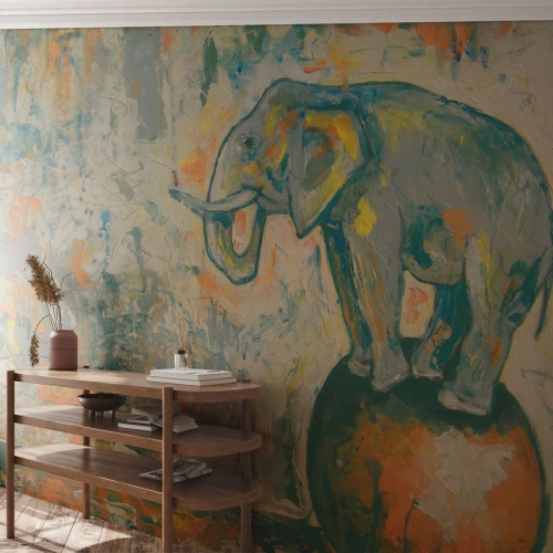 Fototapete Premium Canvas - Ein Elefant, der auf einem Ball balanciert, in einem künstlerischen Stil - 100x70cm - Es lebe der Zirkus! - Moderne Wanddekoration für Wohnzimmer und Schlafzimmer ARTTOR