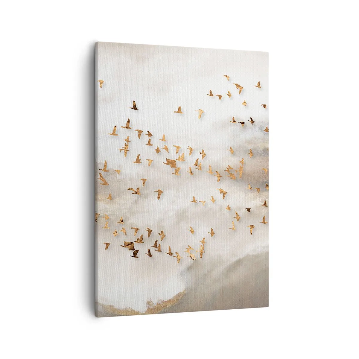 Bild auf Leinwand - Leinwandbild - Goldene Vögel vor den nebligen Bergen - 50x70cm - Es ist schon die Zeit… - Moderne Wanddekoration für Wohnzimmer und Schlafzimmer ARTTOR