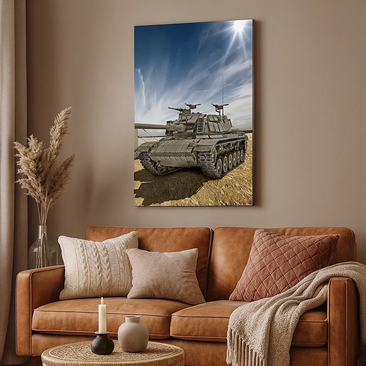 Bild auf Leinwand - Leinwandbild - Ein Panzer neben einem Militärzelt in einer Wüstengegend - 50x70cm - Ein militärischer Traum - Moderne Wanddekoration für Wohnzimmer und Schlafzimmer ARTTOR