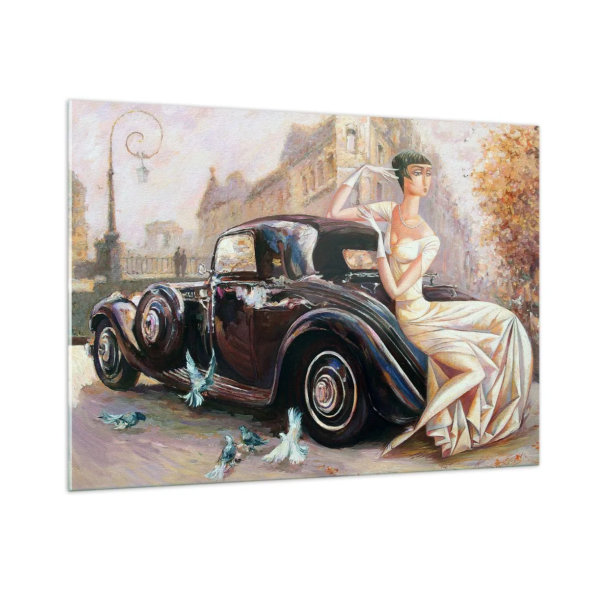Glasbild - Bild auf glas - Elegante Frau neben einem Retro-Auto in urbaner Umgebung - 100x70cm - Eleganz im Retro-Stil - Moderne Wanddekoration für Wohnzimmer und Schlafzimmer ARTTOR