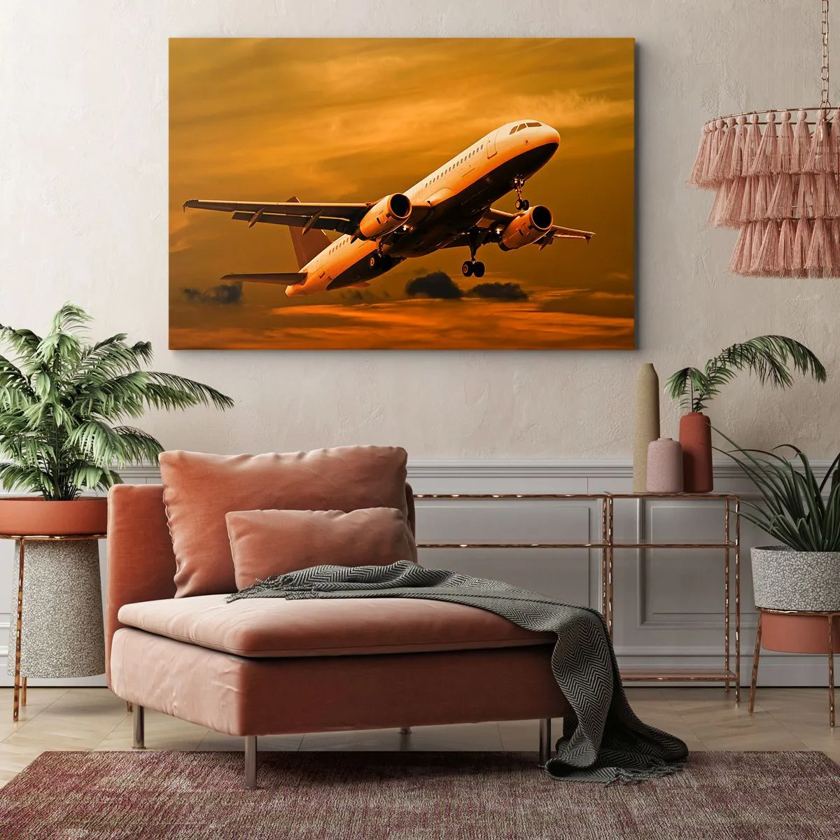 Bild auf Leinwand - Leinwandbild - Ein Passagierflugzeug hebt vor einem goldenen Sonnenuntergangshimmel ab. - 120x80cm - Flug der Sonne entgegen - Moderne Wanddekoration für Wohnzimmer und Schlafzimmer ARTTOR