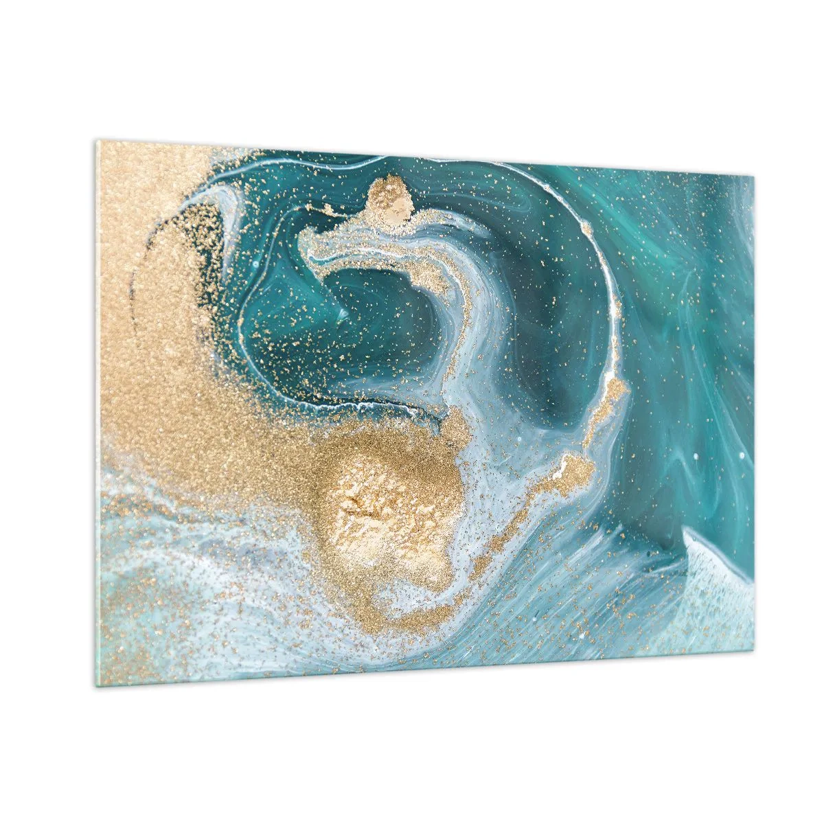 Glasbild - Bild auf glas - Gold auf türkisfarbenen Wellen im abstrakten Stil - 100x70cm - Ein Strudel aus Gold und Türkis - Moderne Wanddekoration für Wohnzimmer und Schlafzimmer ARTTOR