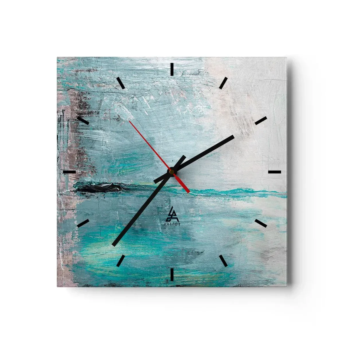 Wanduhr - Glasuhr - Abstraktion in Türkis- und Grautönen - 30x30cm - Horizontal in Blau - Moderne Wanddekoration für Wohnzimmer und Schlafzimmer ARTTOR