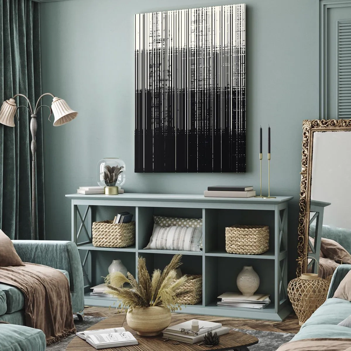 Bild auf Leinwand - Leinwandbild - Abstrakte Linienkomposition in kontrastierendem Schwarz und Weiß - 50x70cm - Wellen und Vibrationen - Moderne Wanddekoration für Wohnzimmer und Schlafzimmer ARTTOR