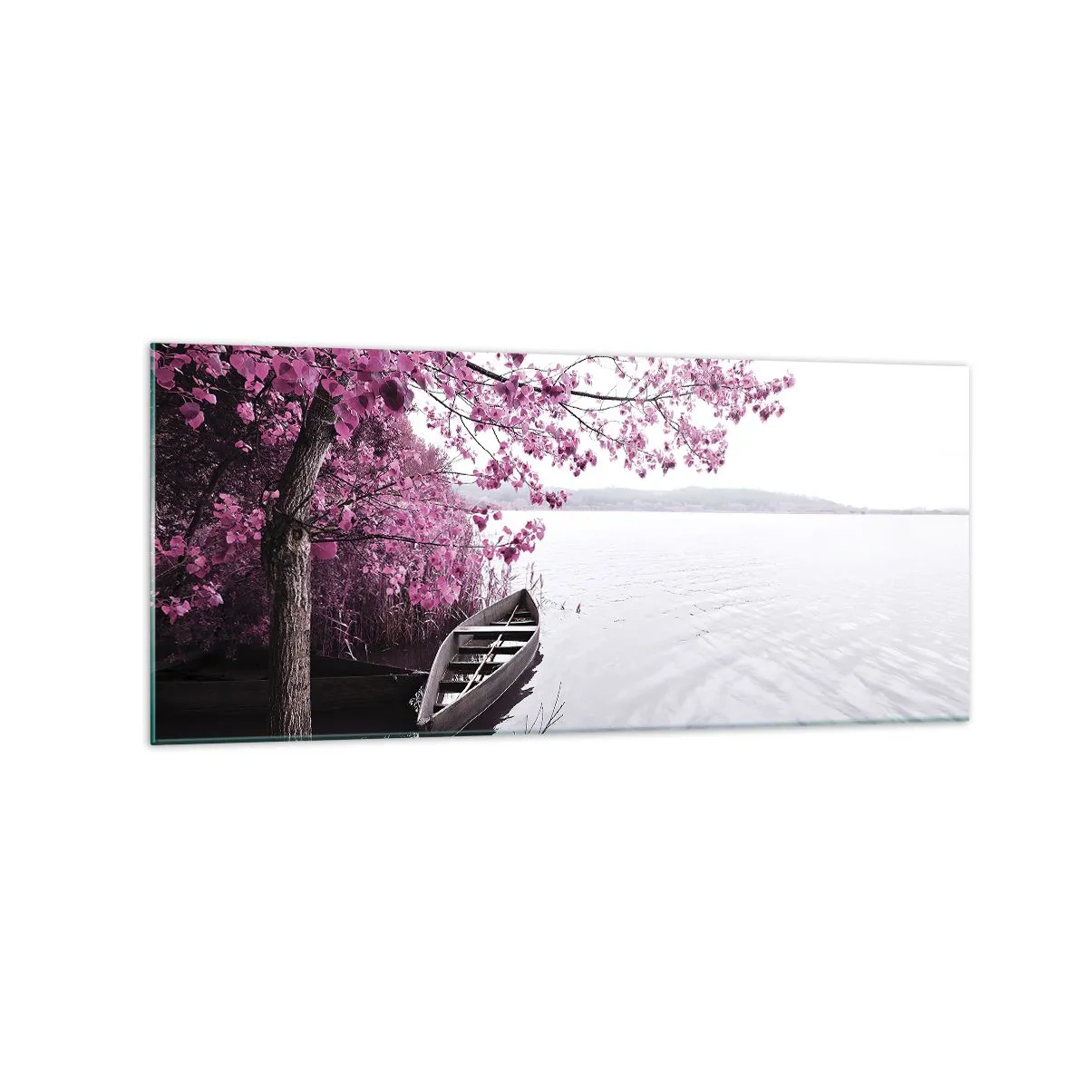 Glasbild - Bild auf glas - Ein Boot am Ufer eines Sees zwischen rosa Bäumen - 120x50cm - In rosa Stille - Moderne Wanddekoration für Wohnzimmer und Schlafzimmer ARTTOR