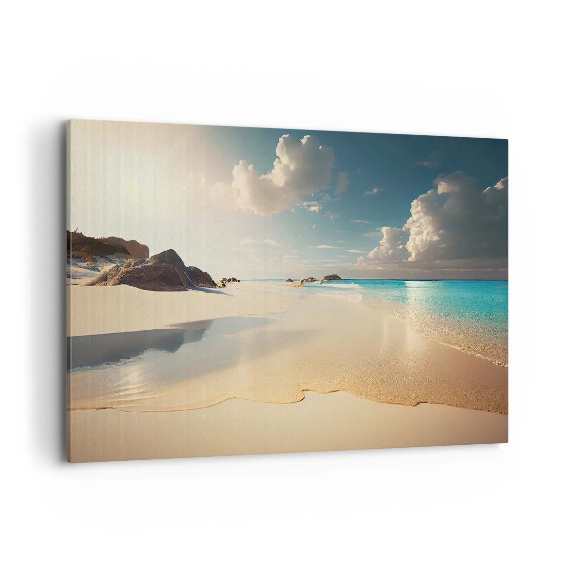 Bild auf Leinwand - Leinwandbild - Ein sonniger Strand mit blauem Meer und Felsen - 120x80cm - Erträumter Tag - Moderne Wanddekoration für Wohnzimmer und Schlafzimmer ARTTOR