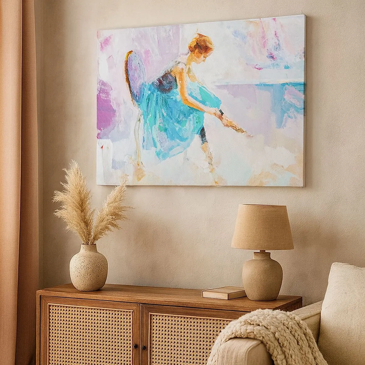Bild auf Leinwand - Leinwandbild - Eine Ballerina in Pastelltönen bereitet sich auf den Tanz vor. - 70x50cm - Unbeschreibliche Anmut, subtiler Charme - Moderne Wanddekoration für Wohnzimmer und Schlafzimmer ARTTOR