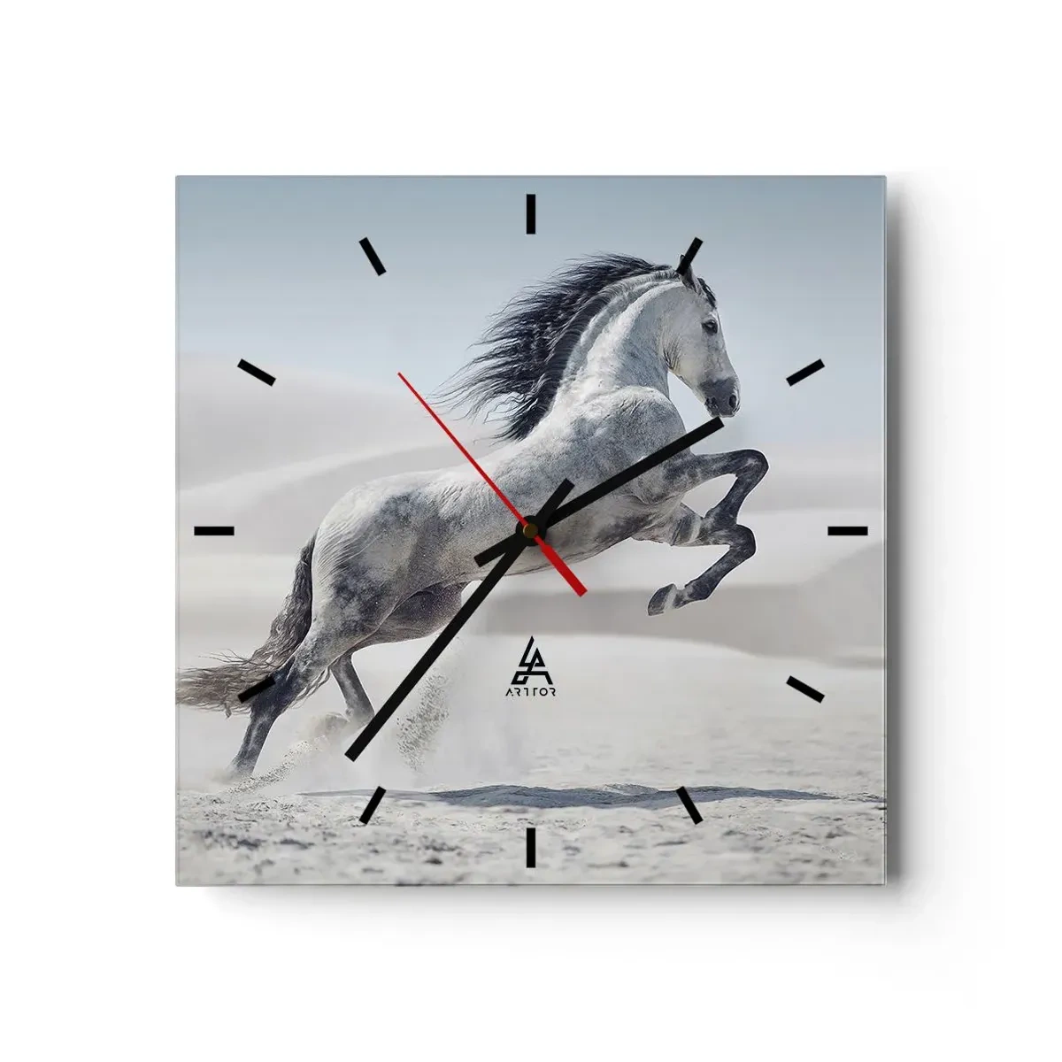 Wanduhr - Glasuhr - Ein weißes Pferd galoppiert vor der Kulisse der Wüstendünen - 30x30cm - Arabischer Prinz - Moderne Wanddekoration für Wohnzimmer und Schlafzimmer ARTTOR
