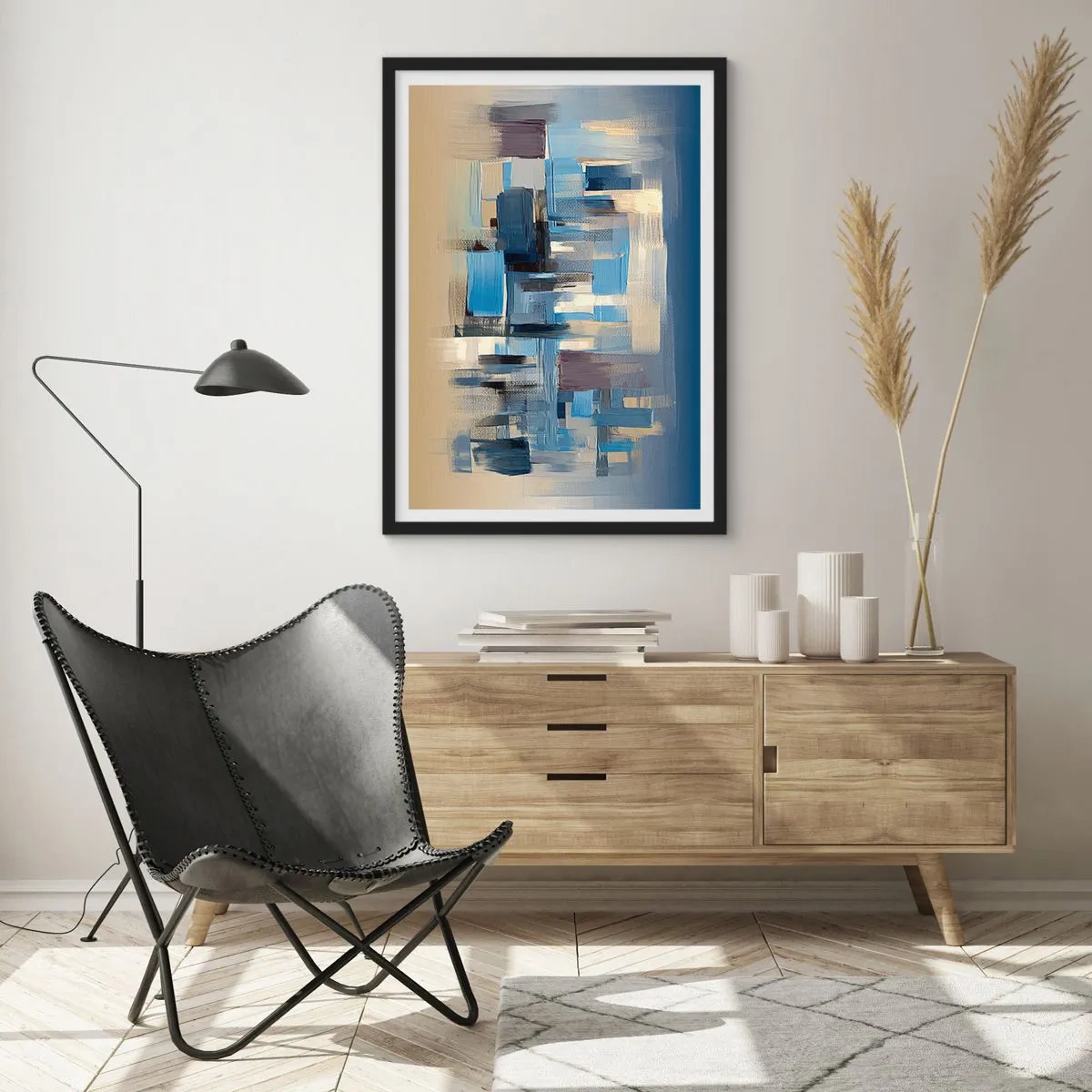 Poster in einem schwarzem Rahmen - Abstrakte geometrische Komposition in Blautönen - 50x70cm - Blaue Konstruktion - Moderne Wanddekoration für Wohnzimmer und Schlafzimmer ARTTOR