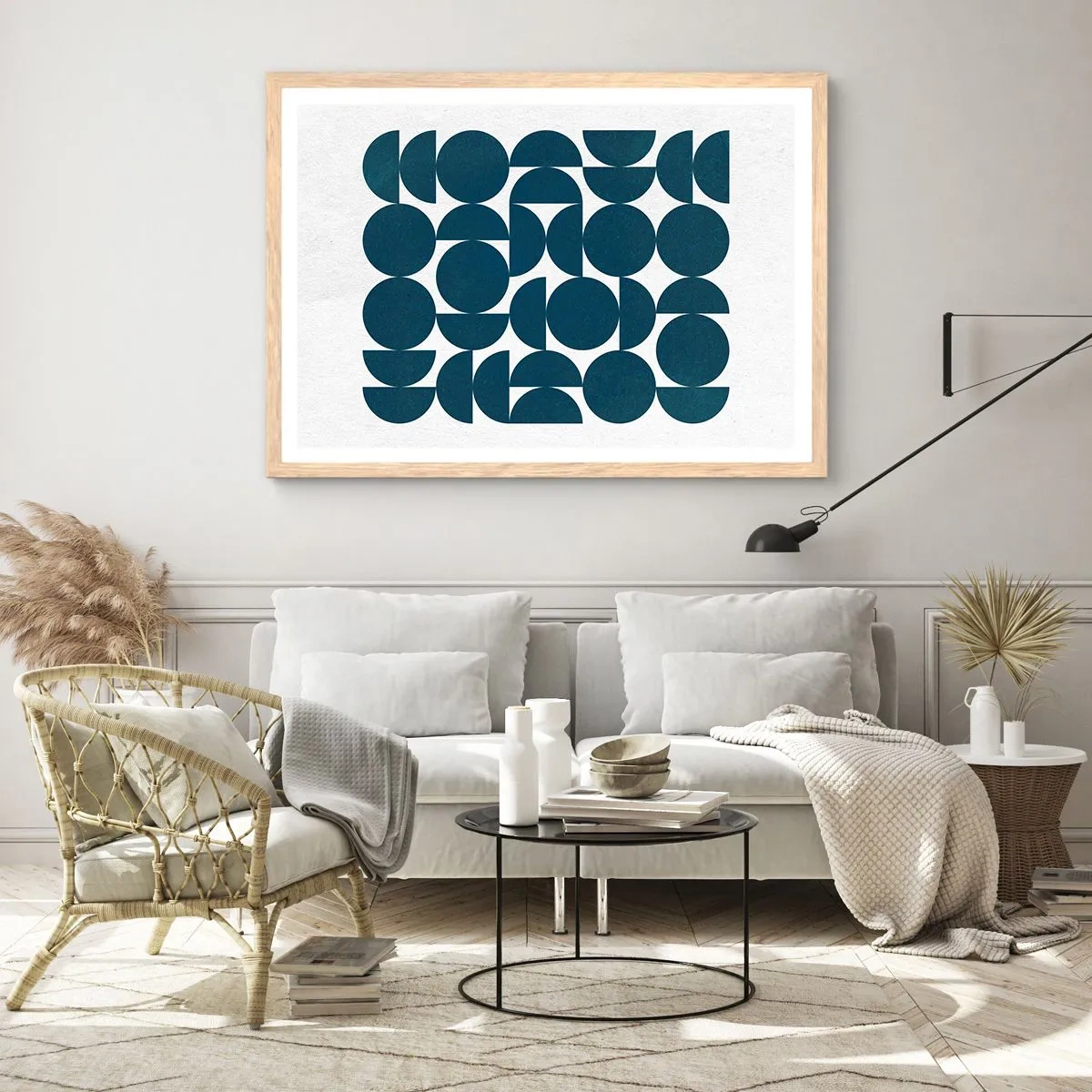 Poster in einem Rahmen aus heller Eiche - Kreise und Halbkreise - 91x61 cm