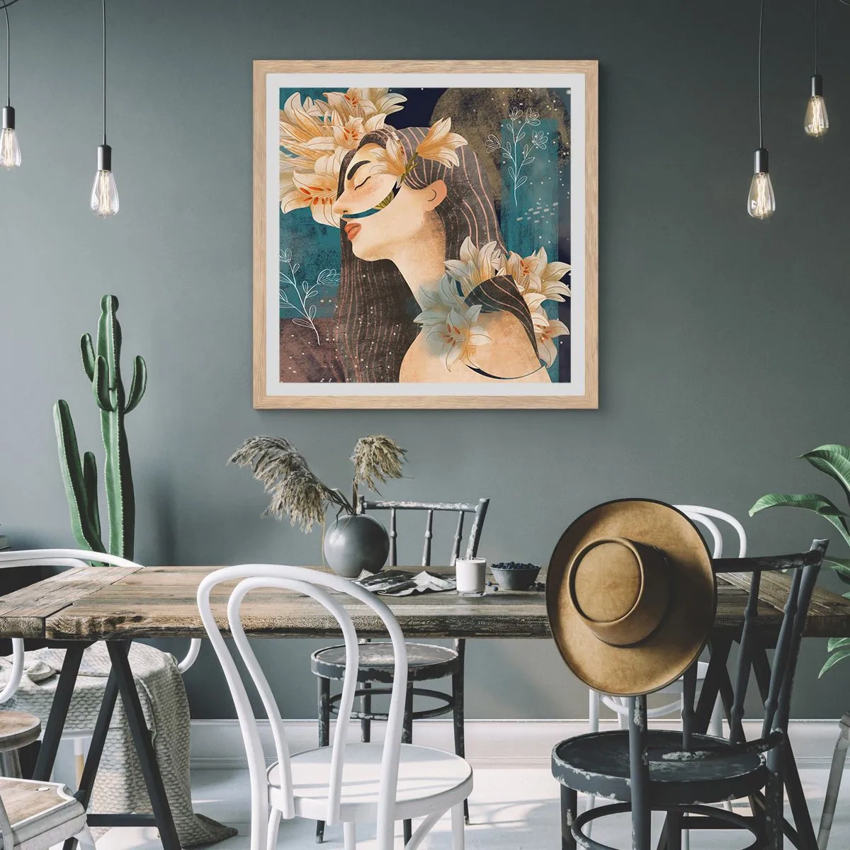 Poster in einem Rahmen aus heller Eiche - Ein Märchen über eine Prinzessin mit Lilien - 30x30 cm