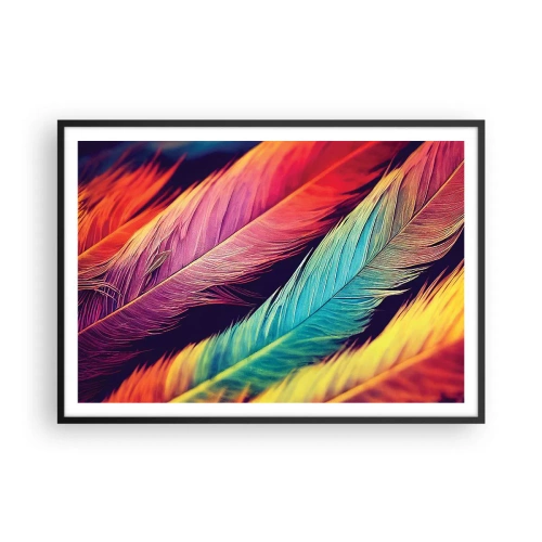 Poster in einem schwarzem Rahmen - Bunte Federn in intensiven Farben - 100x70cm - Gefiederter Regenbogen - Moderne Wanddekoration für Wohnzimmer und Schlafzimmer ARTTOR