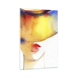 Glasbild - Bild auf glas - Ein minimalistisches Aquarellgemälde des Profils einer Frau mit einem bunten Hut. - 80x120cm - Bildnis einer Dame - Moderne Wanddekoration für Wohnzimmer und Schlafzimmer ARTTOR