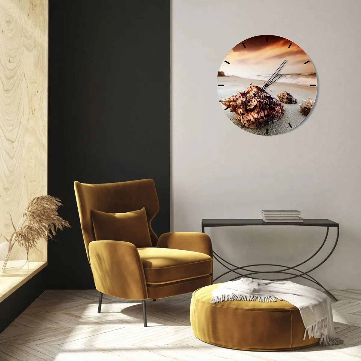 Wanduhr - Glasuhr - Muscheln am Strand in den Strahlen der untergehenden Sonne - 30x30cm - Ausgestoßene von Wellen - Moderne Wanddekoration für Wohnzimmer, Küche und Schlafzimmer ARTTOR
