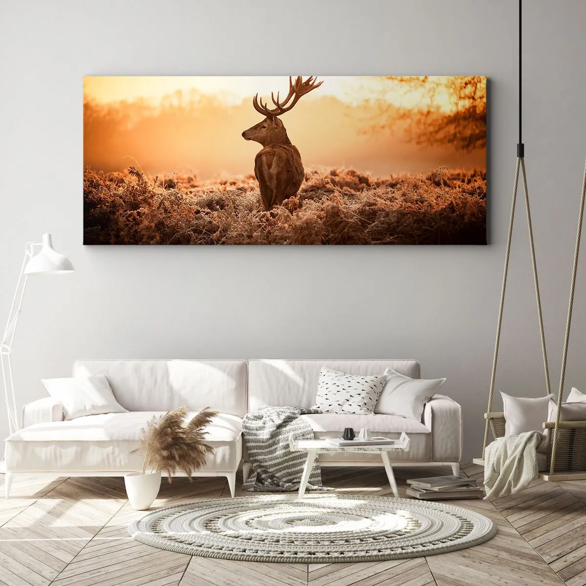 Bild auf Leinwand - Leinwandbild - Hirsch in den Strahlen der aufgehenden Sonne - 120x50cm - Herr im eigenen Land - Moderne Wanddekoration für Wohnzimmer und Schlafzimmer ARTTOR