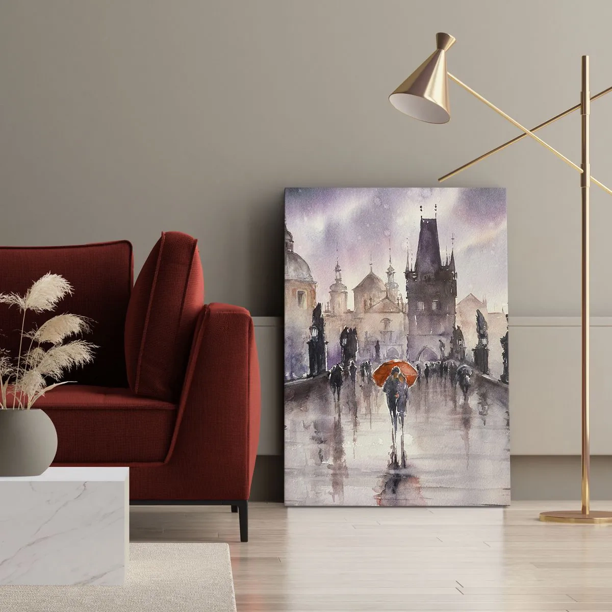 Bild auf Leinwand - Leinwandbild - Romantischer Blick auf eine Brücke mit einem Regenschirm vor der Kulisse einer abendlichen Stadt - 80x120cm - Leute verändern sich nicht - Moderne Wanddekoration für Wohnzimmer und Schlafzimmer ARTTOR