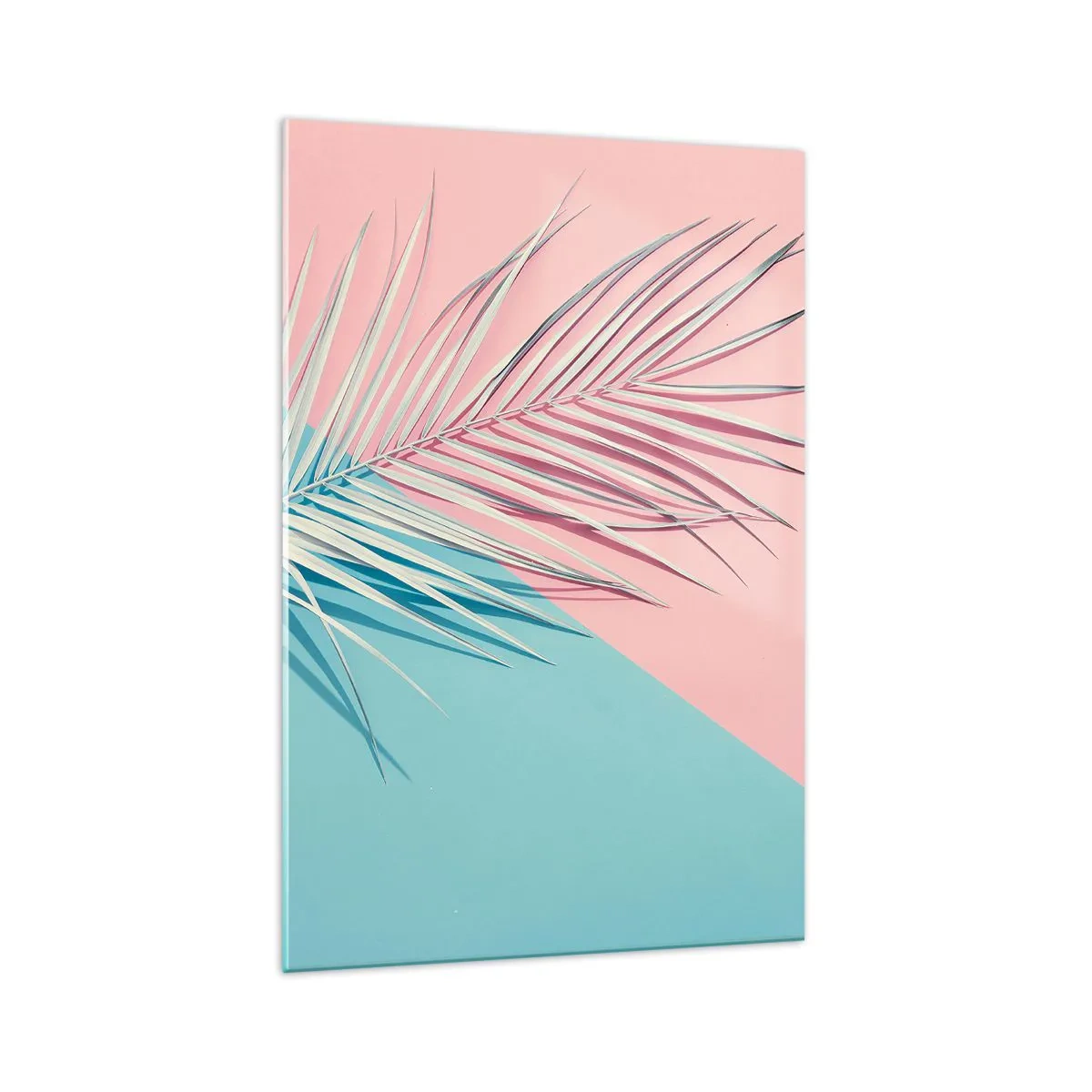 Glasbild - Bild auf glas - Tropisches Blatt vor einem Hintergrund in Pastelltönen von Rosa und Blau - 70x100cm - Tropischer Eindruck - Moderne Wanddekoration für Wohnzimmer und Schlafzimmer ARTTOR