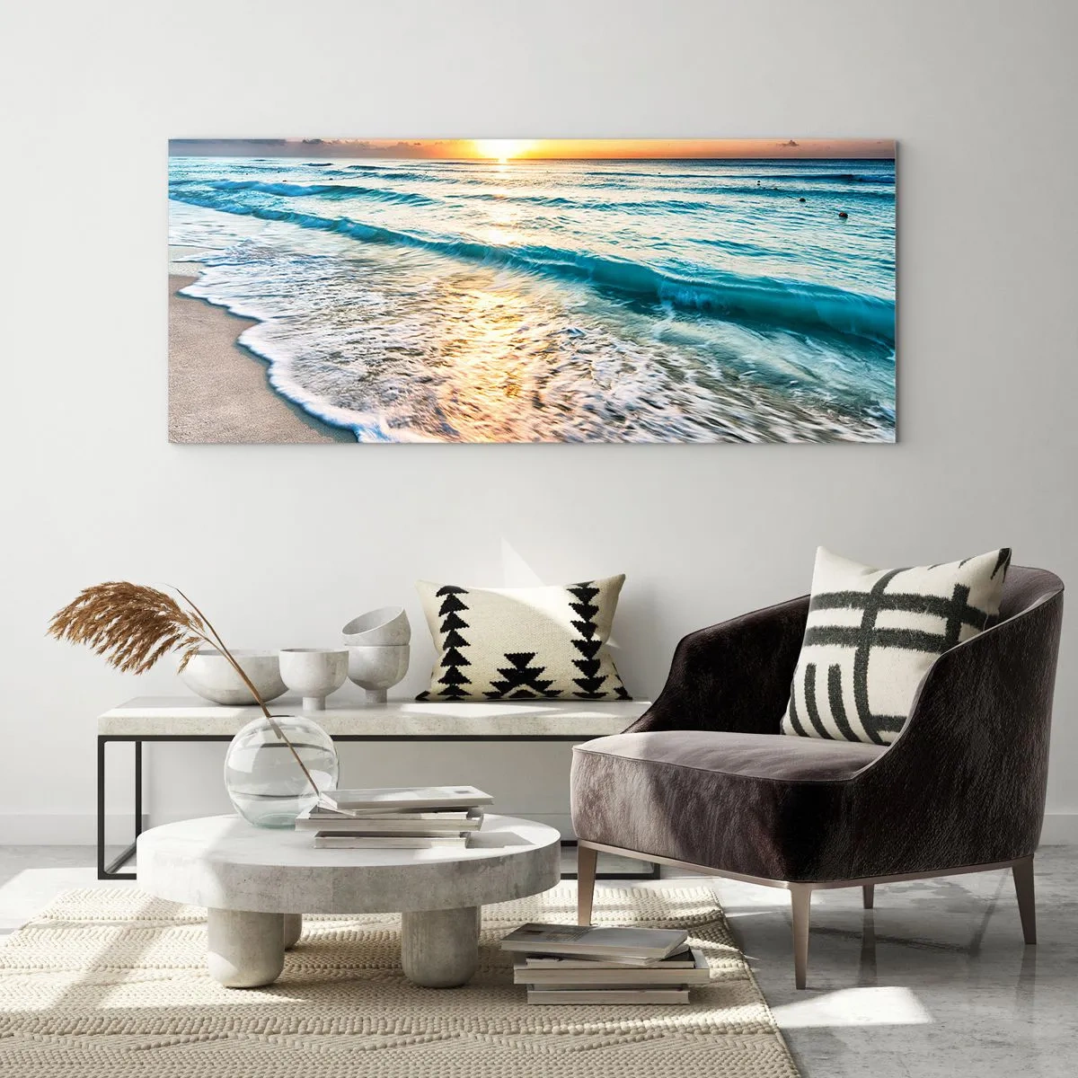 Glasbild - Bild auf glas - Sonnenaufgang über einem ruhigen Strand mit Wellen - 160x50cm - Ein Blick lohnt sich - Moderne Wanddekoration für Wohnzimmer und Schlafzimmer ARTTOR