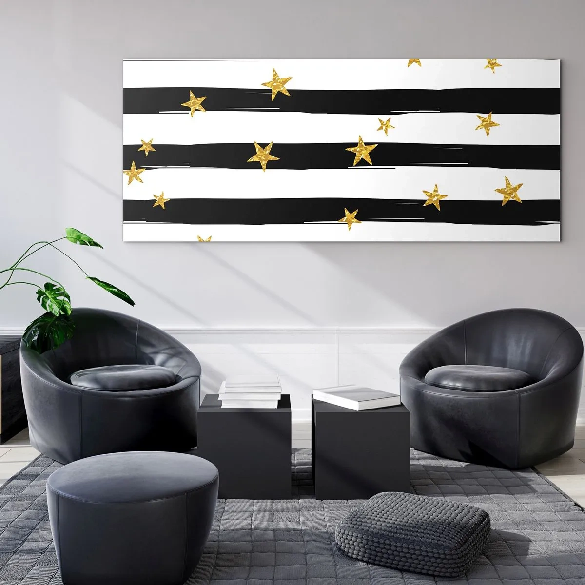 Glasbild - Bild auf glas - Schwarz-weiße Streifen mit goldenen Sternen - 140x50cm - Wir wurden alle unter einem glücklichen Stern geboren - Moderne Wanddekoration für Wohnzimmer und Schlafzimmer ARTTOR