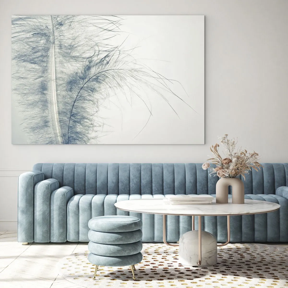 Glasbild - Bild auf glas - Eine zarte Feder auf hellem Hintergrund im minimalistischen Stil - 100x70cm - Flüstern der Natur - Moderne Wanddekoration für Wohnzimmer und Schlafzimmer ARTTOR