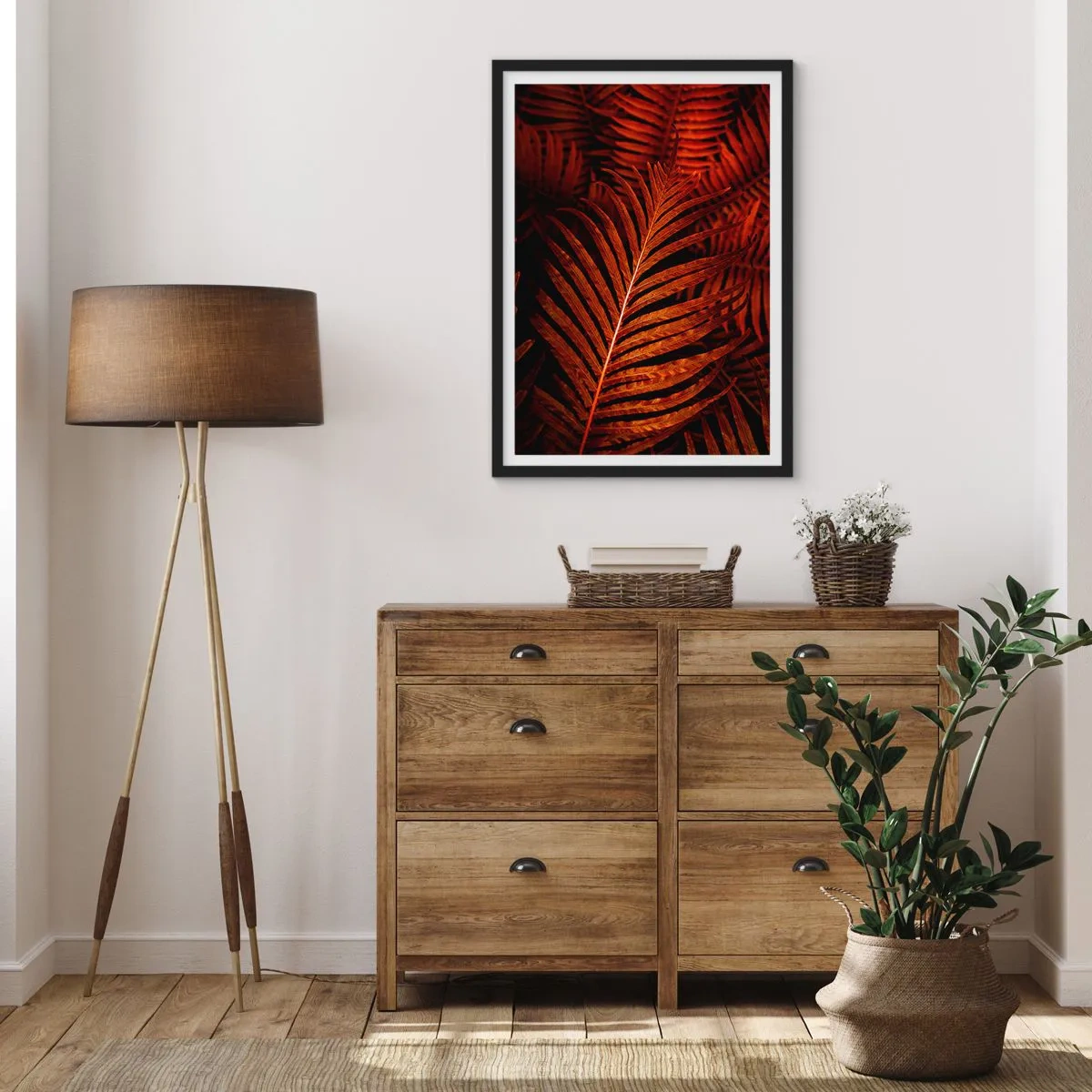Poster in einem schwarzem Rahmen - Rote Palmblätter in kunstvoller Beleuchtung - 50x70cm - Die Hitze des Lebens - Moderne Wanddekoration für Wohnzimmer und Schlafzimmer ARTTOR