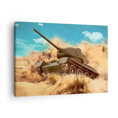 Bild auf Leinwand - Leinwandbild - Ein Panzer im Einsatz in der Wüste, umgeben von Sandstaub. - 70x50cm - Nicht zu besiegen - Moderne Wanddekoration für Wohnzimmer und Schlafzimmer ARTTOR