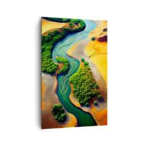 Bild auf Leinwand - Leinwandbild - Ein grüner Fluss, umgeben von goldenem Sand und Vegetation - 80x120cm - Lebensspendender Fluss - Moderne Wanddekoration für Wohnzimmer und Schlafzimmer ARTTOR